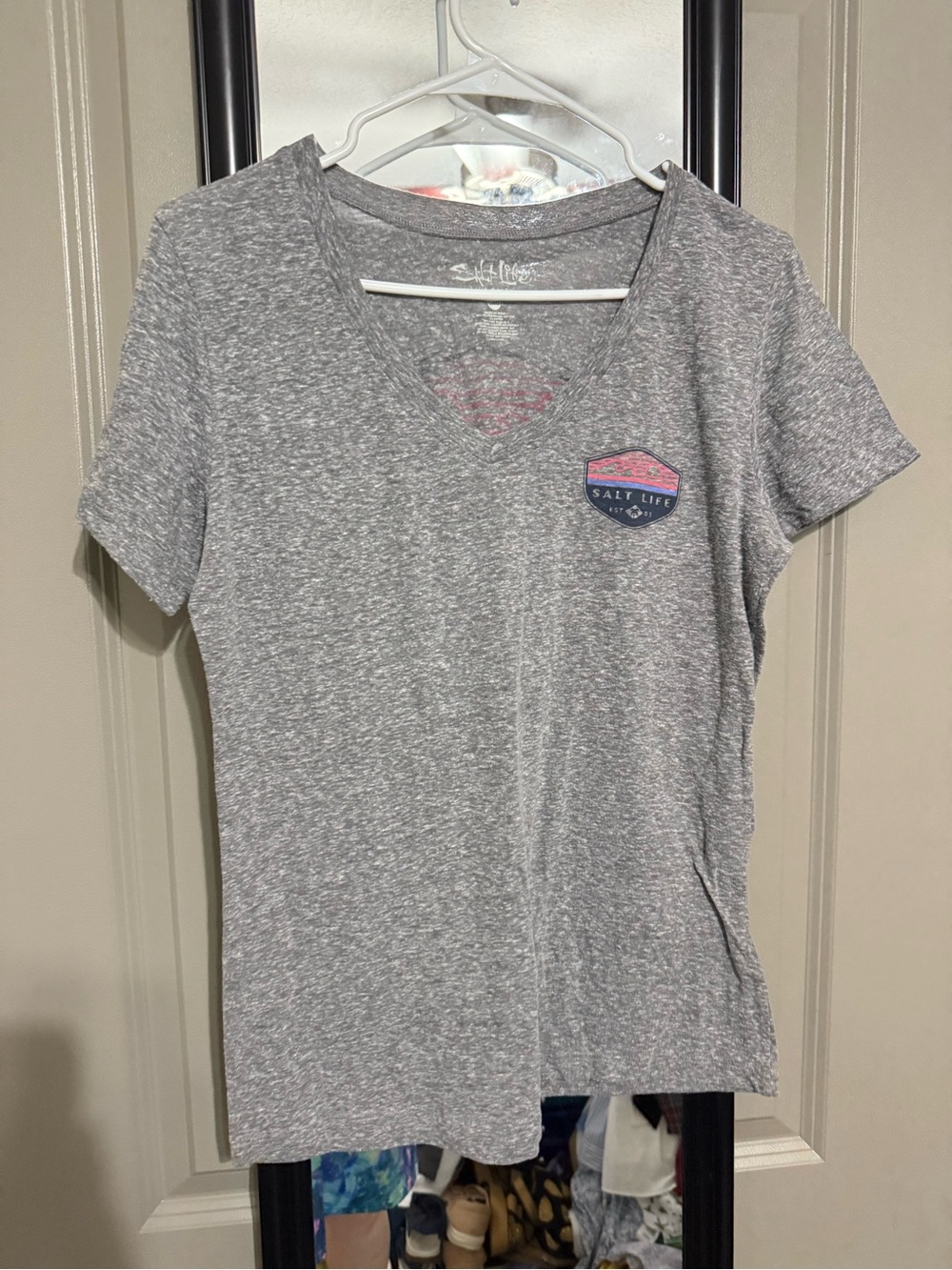 Salt Life Gray V-Neck Short Sleeve Tee with Pink & Blue Logo